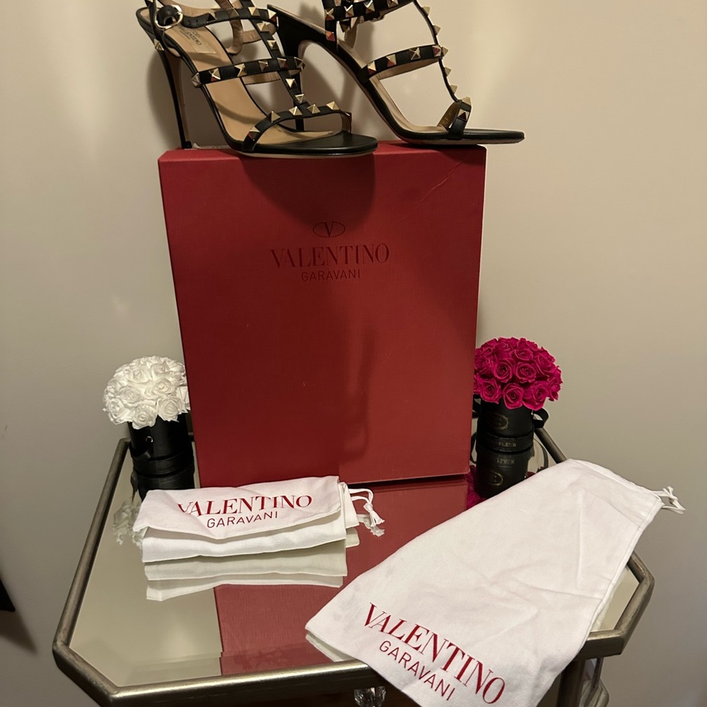 Valentino Garavani Black and Gold Studded Open Toe Heels